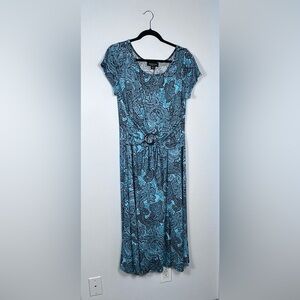 Perceptions Teal and Black Paisley Dress With Belted Front.